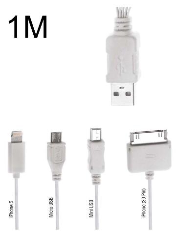 POWERTECH PT-214   USB v2.0 Male to (Micro-USB, Mini-USB, 30-pin, Lightning) Male 1m. White